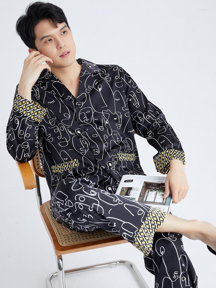

Men's Sleepwear Luxuriy Men Pajama Set Black Print 2 Pieces Silk Satin Loose Pyjama For Male Casual Long Sleeve Trousers Nightwear