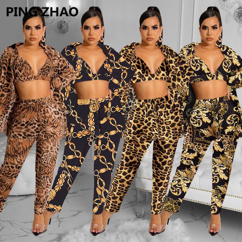 Pantalon deux pièces femme imprimé chaîne léopard 3 ensembles soutien-gorge haut chemise à manches longues manteau et mode Sexy automne vêtements