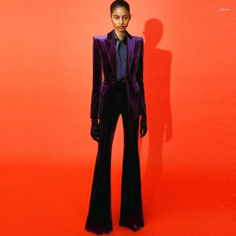 

Women' Two Piece Pants Spring And Autumn Women' Professional Fashion One-button Gold Velvet Suit Jacket Flared Two-piece, Green