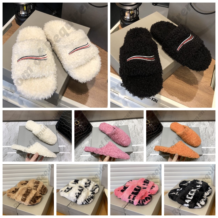 

2022 Furry Slippers teddy flat fluffy slipper sandals Embroidered letters Paris French Sandal Flat non-slip plush women shoe Black red blue white pink with box