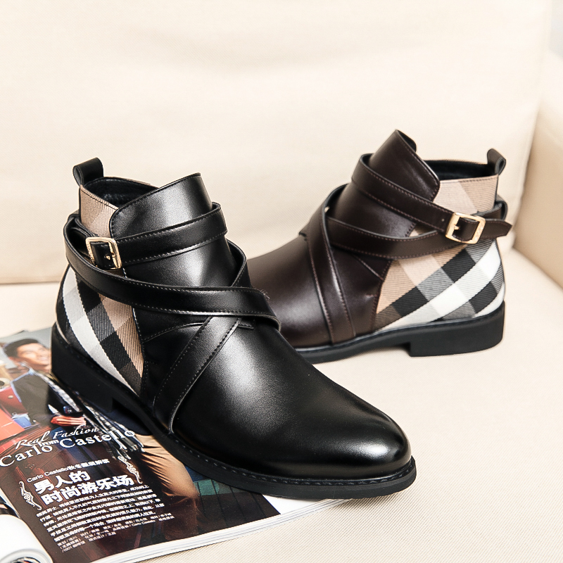Bottines britanniques pour hommes, chaussures classiques à bout pointu, couture en PU, boucle de ceinture à carreaux, mode décontractée, rue quot