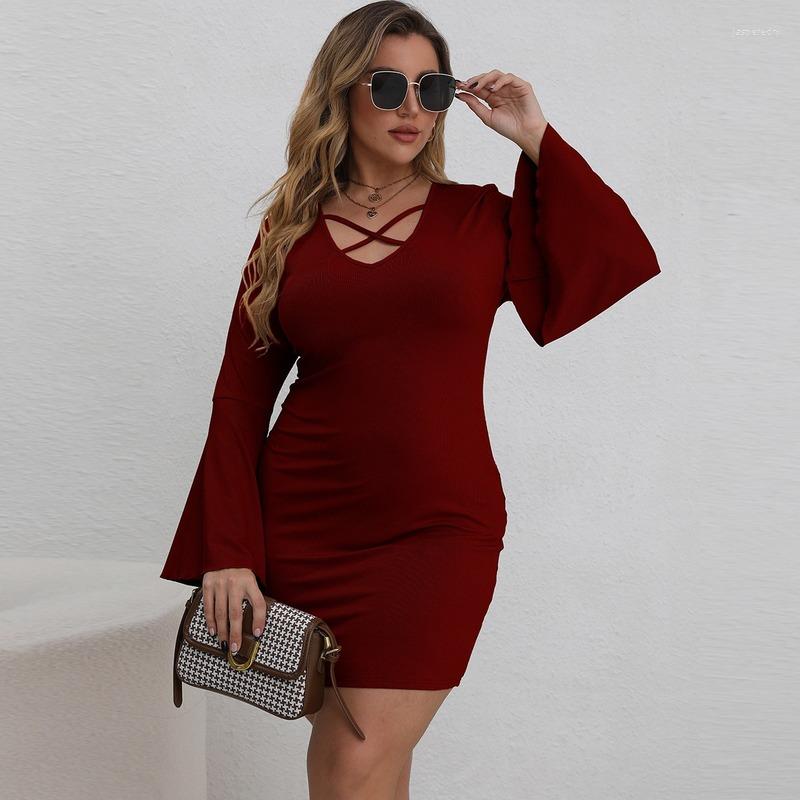 

Plus Size Dresses Elegant Mini Dress Sexy Knitting Cutout V-Neck Flare Long Sleeve Evening Club Party Vestidos For Wedding Autumn, Beige