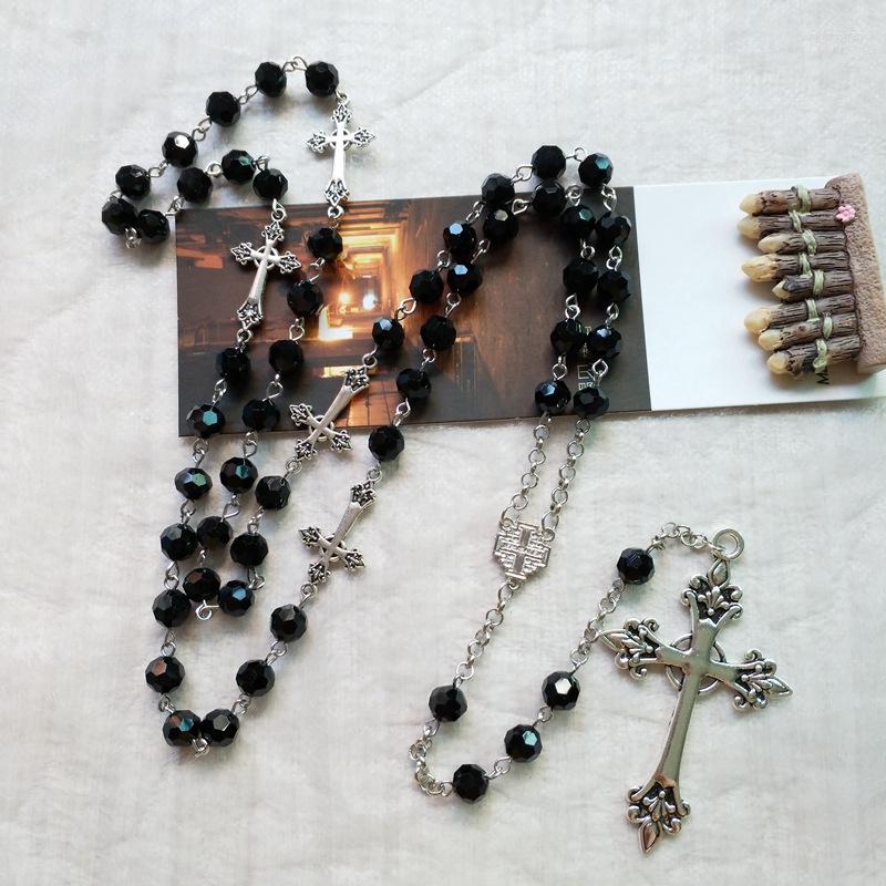 

Chains Black Crystal Rosary Necklace Long Cross Pendant For Men Women Religious Jewelry