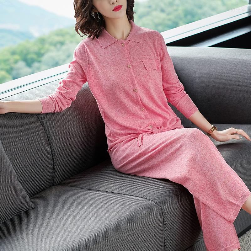 

Women's Tracksuits XL Brand Linen Blended Knit Sets 2022 Spring Fall Women's Loose Casual Pure Color Lapel Shirt Pants 2 Piece, Gray