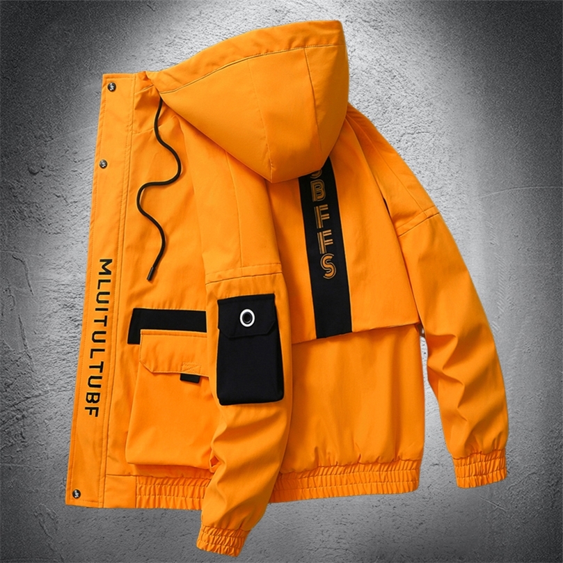Mens Jackets Mens Hooded Jacket Spring Autumn Thin Patchwork Man Casual Coat Multipocket Sport Windbreaker Jackets Hip Hop Streetwear 220902
