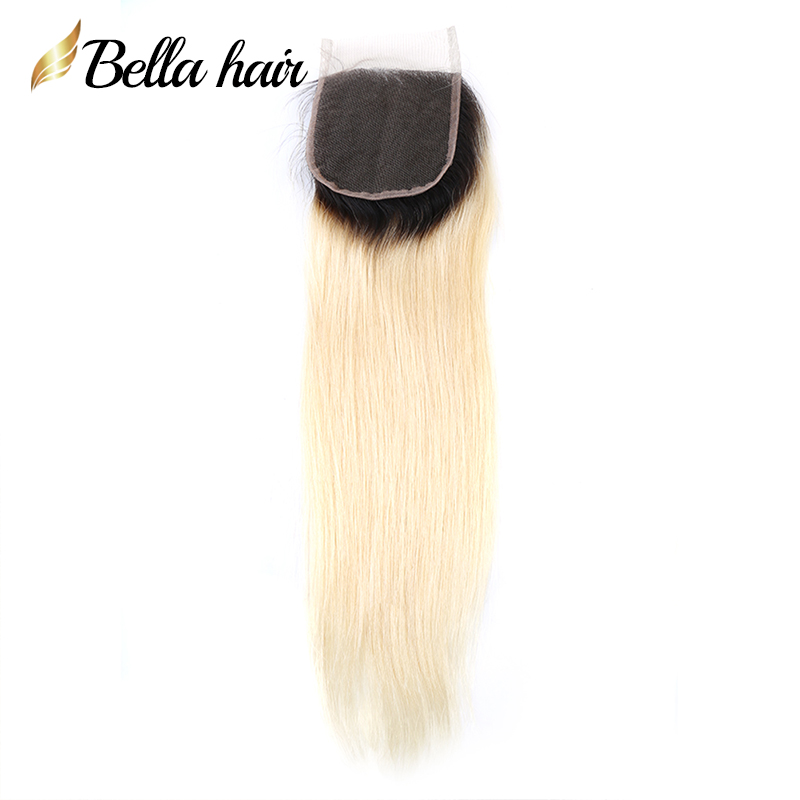 

Blonde Lace Closures Weaves Human Hair Closure Free Part 4x4 1B/613 Silky Straight with Baby Hair