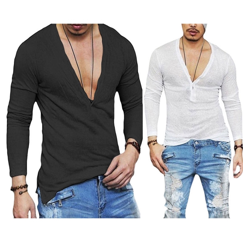 Men's T Shirts US Stock Fashion Men Casual Slim Fit Long Sleeve Deep V-neck Sexy Shirt T Shirts 220902