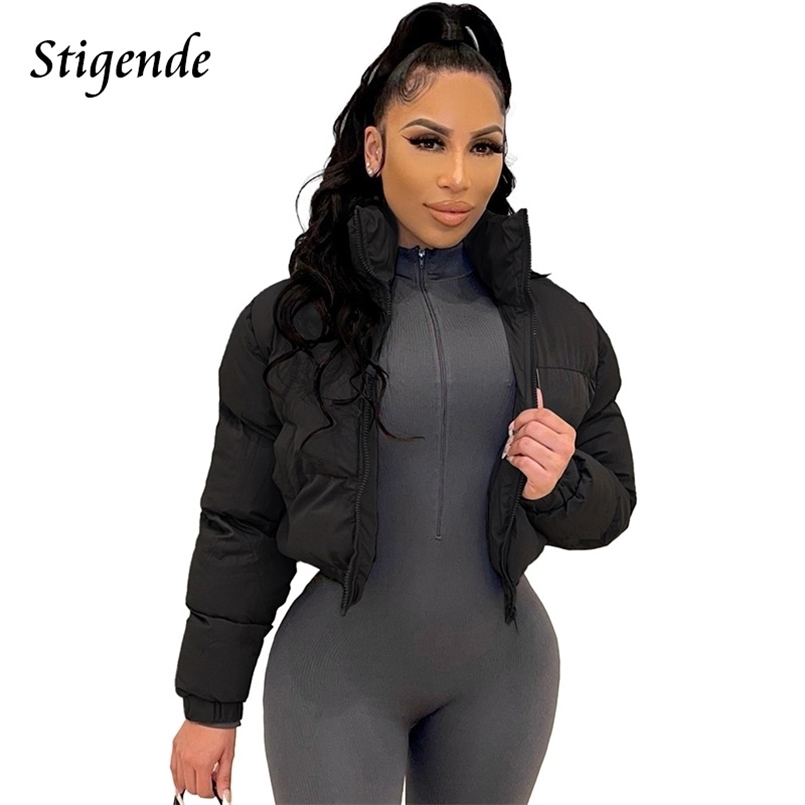 Women's Down Parkas Stigende Cotton Padded Coat Women Patchwork Puffer Parka Outwear Solid Color Winter Warm Zipper Crop Top Jacket Chaqueta