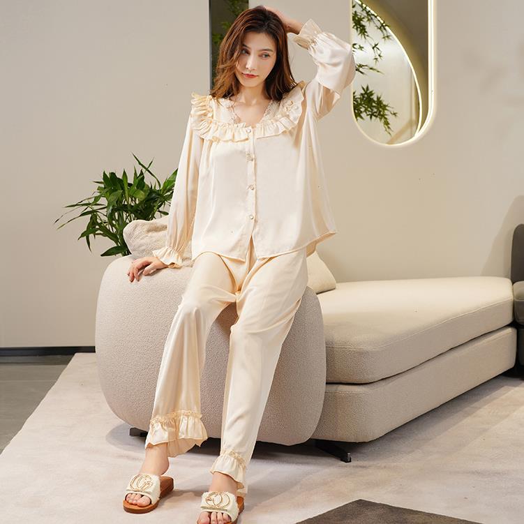 

Flare Sleeve Women Pajamas Suit For Sweet Sleepwear Home Clothing Loungewear, Champagne long
