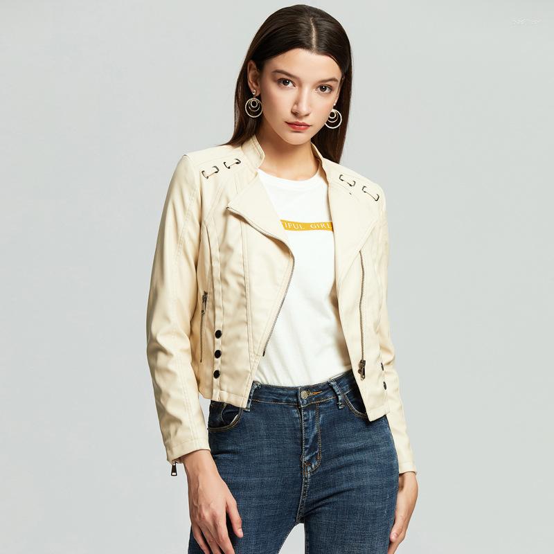 

Women' Leather Women' PU Short Jackets Slim Faux Autumn Outerwear Coats Feminine Cool Zipper Designer High Street Rivet Clothing, Pink
