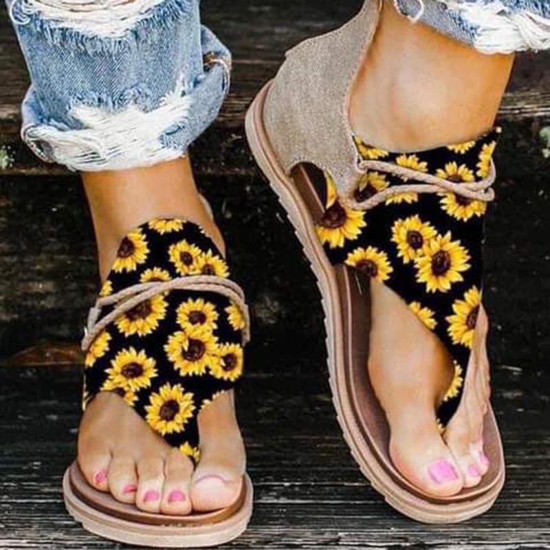 

Sandals SAGACE Shoes For Women 2022 Casual Plus Size Printed Flat Flip Flops Back Zipper Beach Chaussure Femme, Yellow