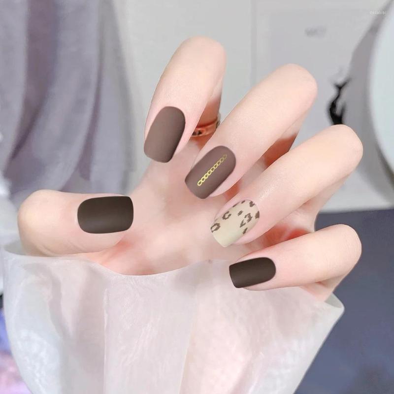 

False Nails 24Pcs Almond Matte Chocolate Color Leopard Nail Tips Press On Designed Full Cover French Fake Fingernails With Glue, 1-glue models