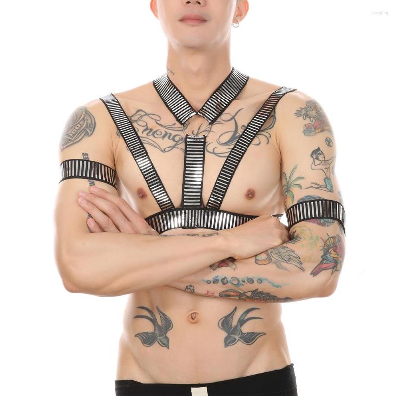 

Bras Sets Men Elastic Body Chest Harness Sexy Bondage Lingerie With Armband Shoulder Straps Leg Ring Clubwear Stage Costume Gay Club Party, Photo color