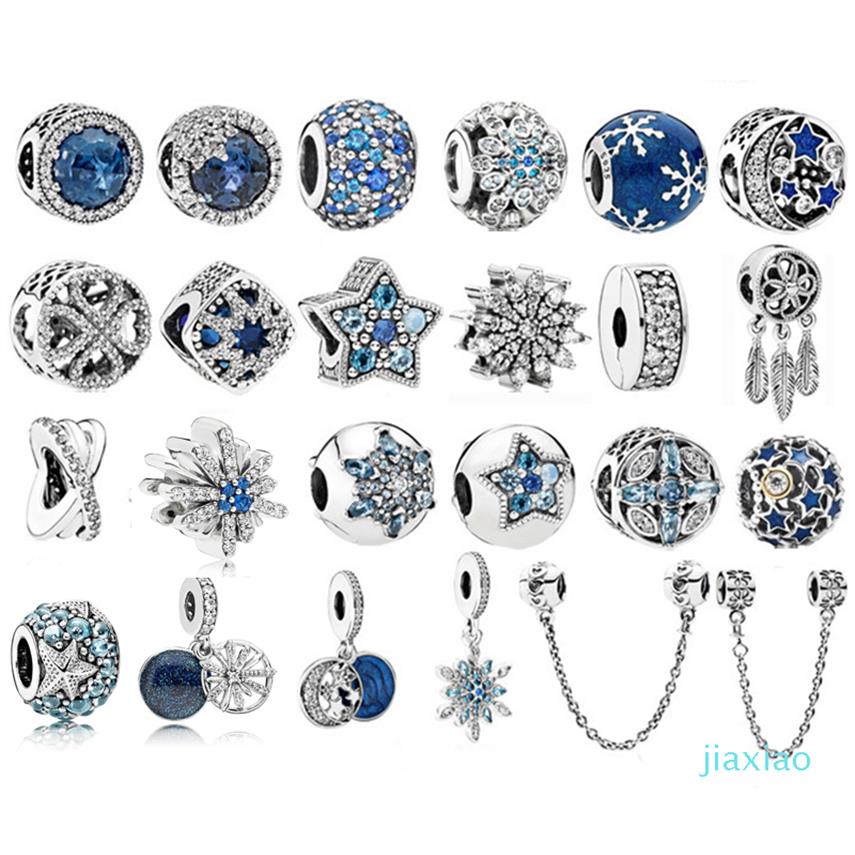 

925 Sterling Silver Beads Fit Original Pandora Charm Bracelet Sea Blue Zircon Stars Snowflake silver 925 Fashion Jewelry208e