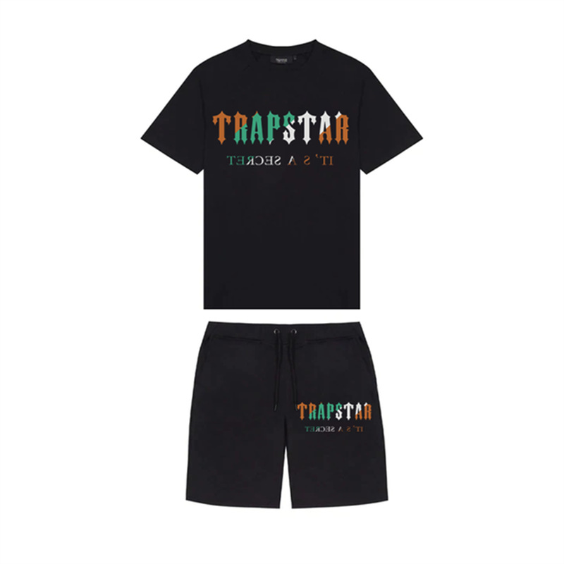 

Summer Mens Trapstar T shirt Set Short Sleeve Outfit Chenille Tracksuit sportswear Hip Hop Black Cotton London Streetwear Asian size S-3XL, Spread only