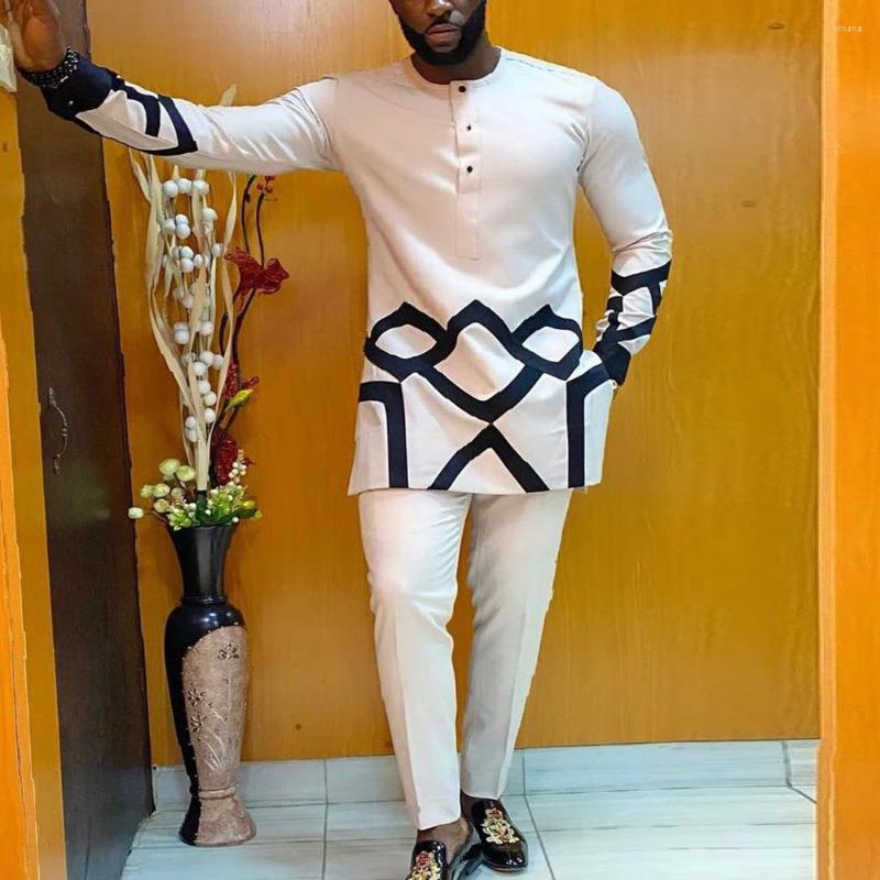 

Men's Tracksuits White Set Man 2 Pieces African Dashiki Men Outfit Long Sleeve Shirt Trouser Social Elements Clothing For