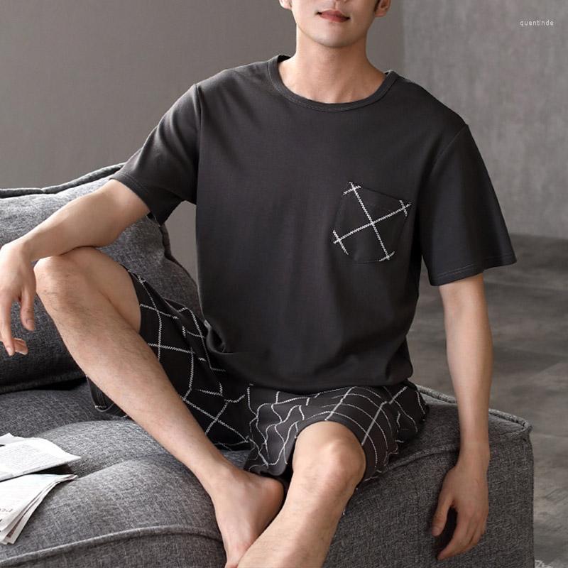 

Men's Sleepwear -4XL 6Colors Lattice Letter Print Men Top Pants Nightwear Set Soft Casual Little Elastic Short Sleeve T Shirt Shorts Pajama