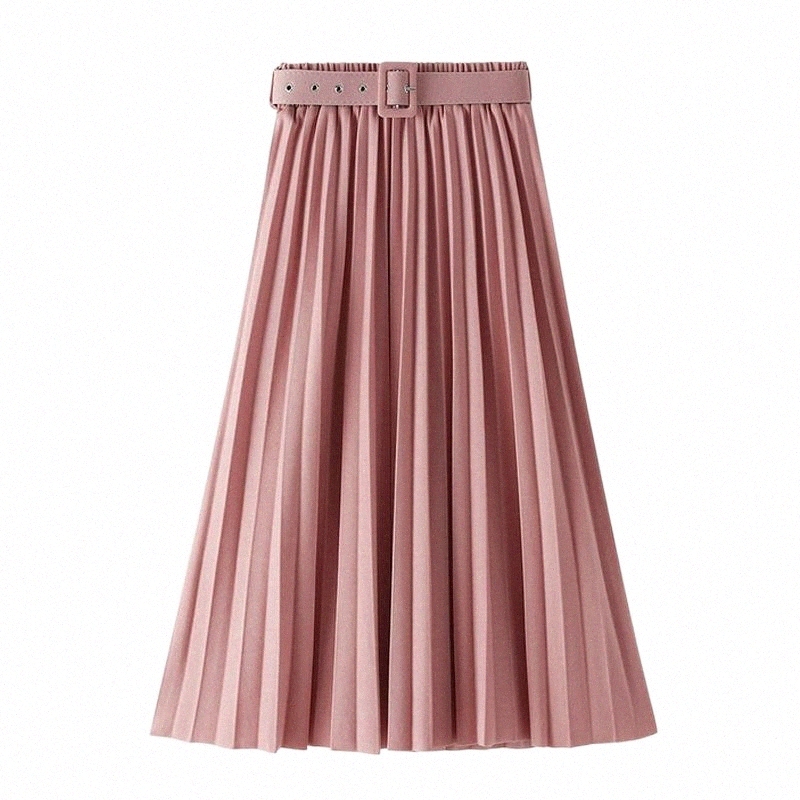 Skirts skirts Elegant Midi Long Pleated Skirt Women 2022 Spring Summer Casual High Waist With Belt Female All-match Sun School 12pS#-image-797951323