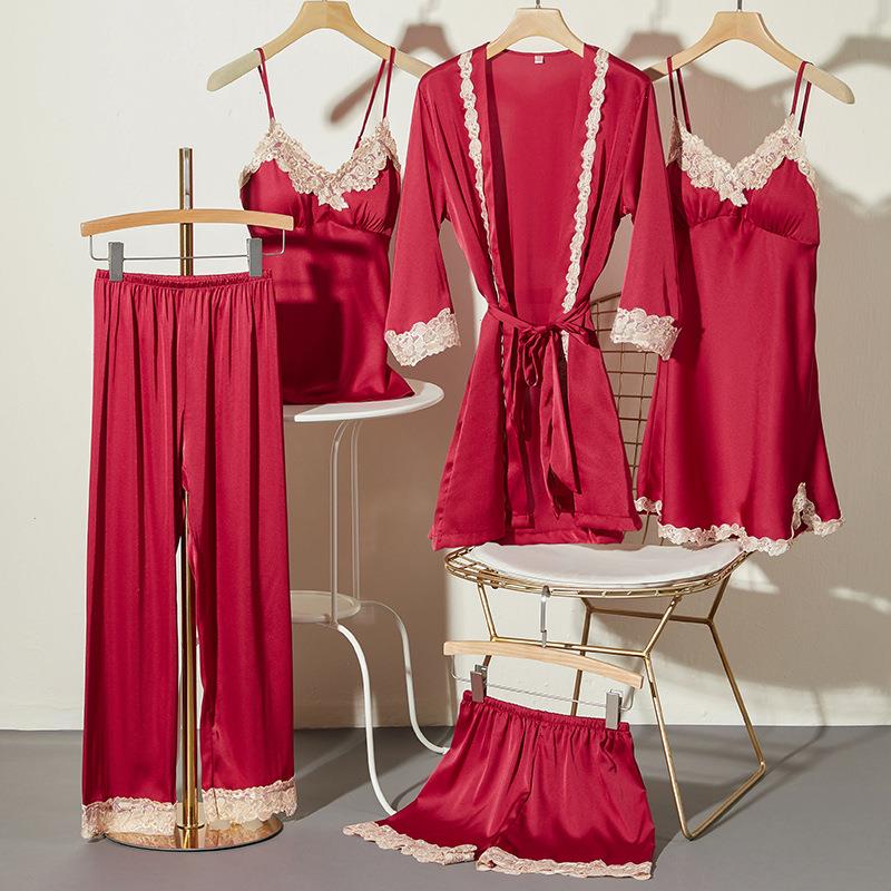 

Lace Pajamas Womens Sleepwear Suit Sexy Satin Sleep Set Nightwear Loungewear, Burgundy b