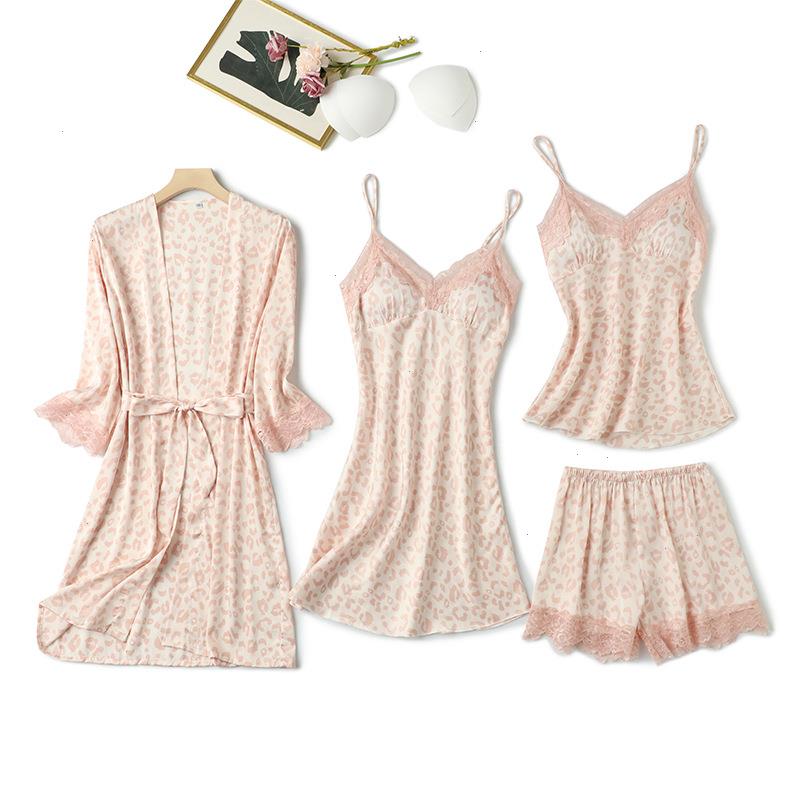 

Lace Leopard Patchwork Sleepwear Sexy Pajamas Suit Nightwear Sleep Set, Pink c