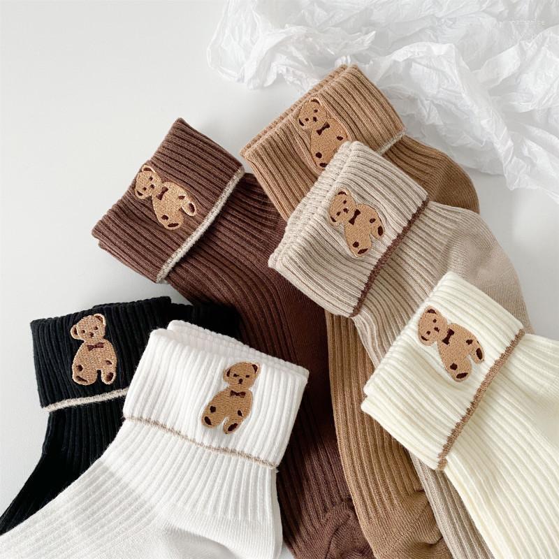 

Women Socks 3 Pairs Lot Cartoon Cute Cotton Animal Bear Sport Japanese Kawaii Harajuku Embroidered Winter Spring Girl Tube Pack, D-3 pairswhite