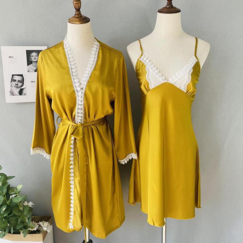 

Sexy Lace Sleepwears Kimono Robe Set Women Casual Nightgown Bathrobe Gown, Yellow