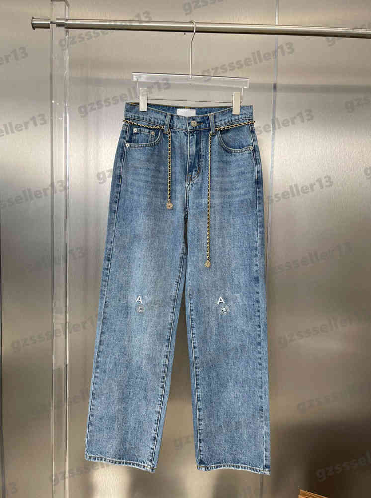 

Fashion Womens Jeans CNL Knee Embroidered Logo Jeans Metal Chain Denim Cotton Straight-leg Pants Luxury Designer Women Clothing 0912