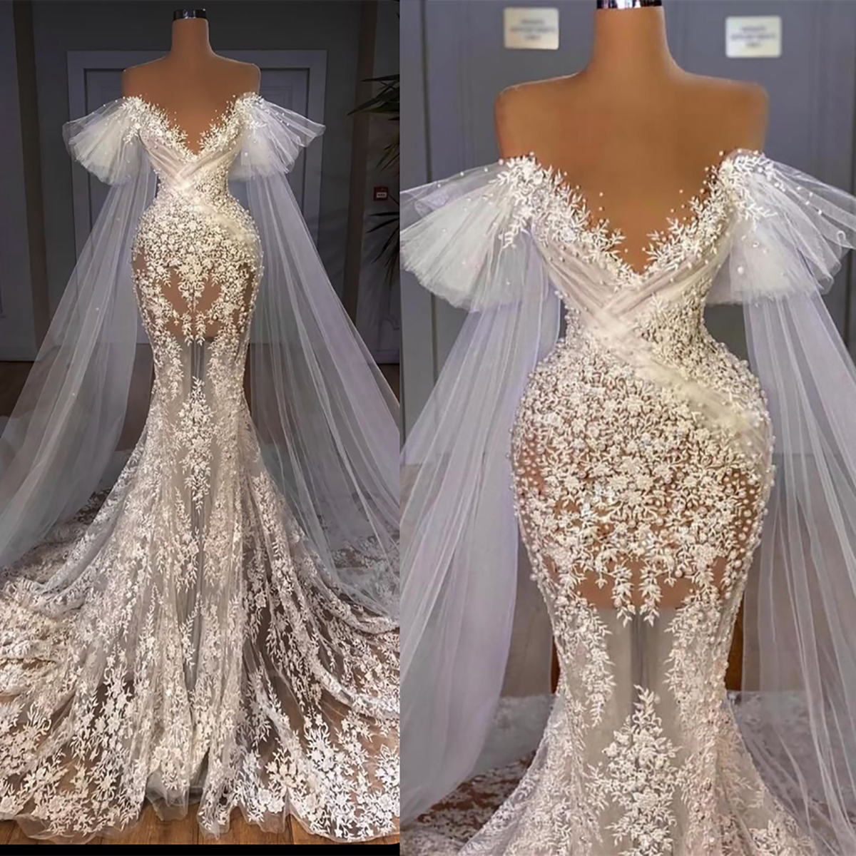 Robe De mariée sirène en dentelle, Illusion élégante, sur mesure, col en V, sans manches, balayage au sol, trompette, robes De mariée
