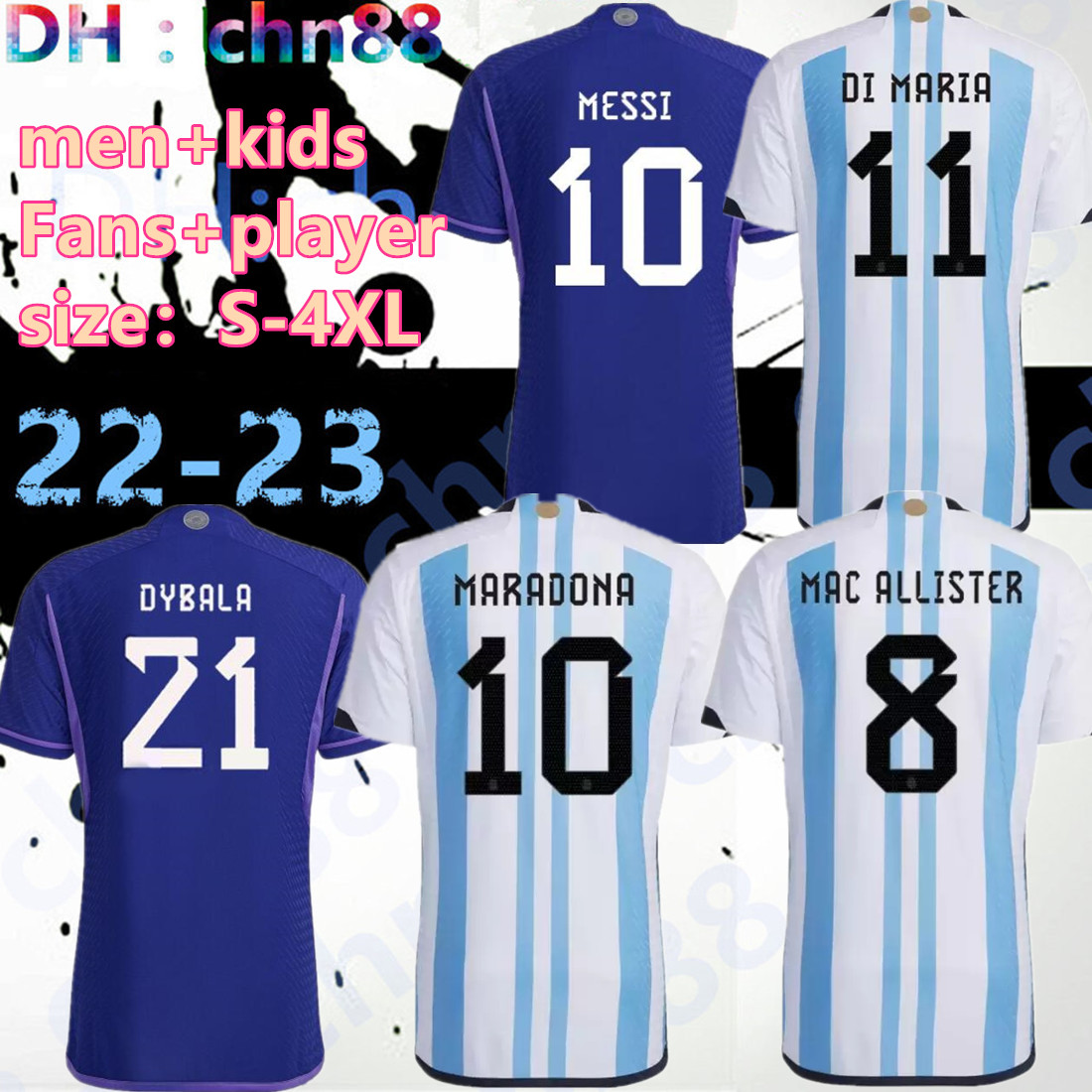 

S-4XL Fans 2022 2023 Argentina soccer Jerseys 22 23 player Version MESSIS MAC ALLISTER DYBALA DI MARIA MARTINEZ DE PAUL MARADONA child kids kit Men women football shirt, 2022 away