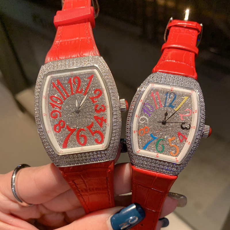 

11 Styles Silver Watches 32mm&36mm CZ stones Iced out Mens womens diamonds Red leather strap quartz movement Luxury Sapphire glass zirconia Watch wristwatches, Only box and papers
