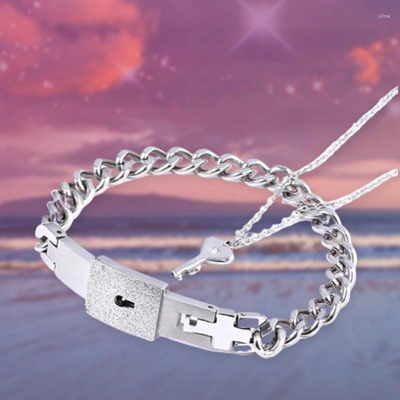 

Link Bracelets Couple Lovers Jewelry Love Heart Lock Bracelet Stainless Steel Bangles Key Pendant Necklace