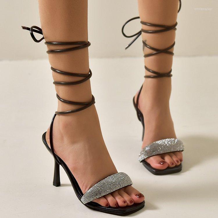 

Sandals 2022 Star Style Luxury Rhinestones Women Elegant Stiletto High Heels Slingback Gladiator Summer Party Prom Shoes, Black