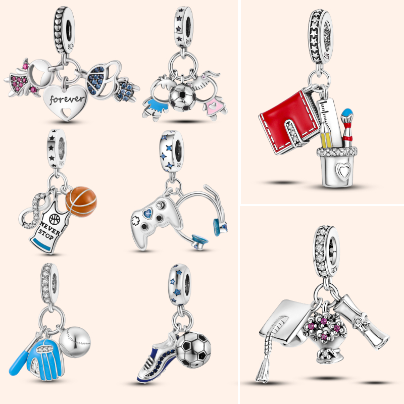 

925 Silver Charm bead fit Pandora Charms Bracelet Teenager Life Trencher Cap Baseball Football Games charmes ciondoli DIY Fine Beads Jewelry
