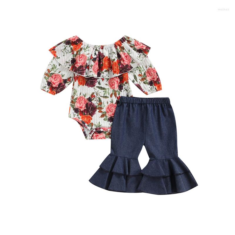 

Clothing Sets Infant Born Girl Clothes Set Floral Print Elastic Neck Ruffle Long Sleeve Romper And Flare Pants, Picture shown