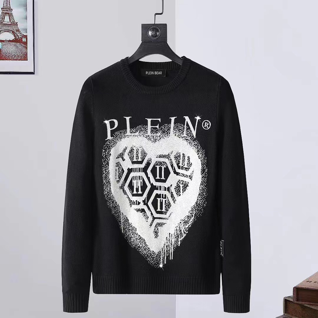 PLEIN BEAR Men's Sweaters PULLOVER LS INTARSIA SKULL PP Mens Sweaters Long Sleves Knits Letters Budge Rhinestone Unisex Sweatshirt Men Tops Kni