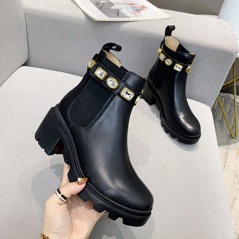 

Luxury Rhinestone Martin Boots Designer Women Black Platform Ankle Boot Real Leather Chunky Heels Bee Booties For Woman, 1#
