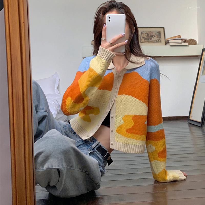 

Women' Knits Retro Sunset Oil Painting Knit Sweater Autumn Women' Thin Lapel Long-sleeved Cardigan Slim Top, Yellow