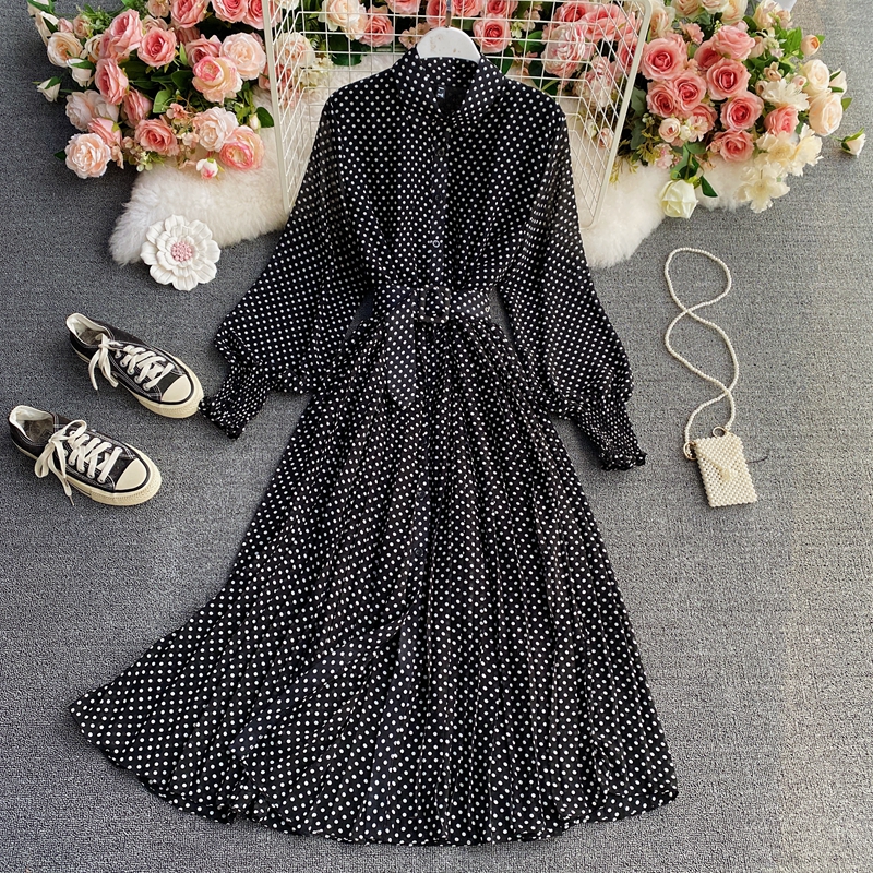 Col de chemise en mousseline de soie à point de vague robe printemps et automne nouvelle jupe longue plissée fermée style chic