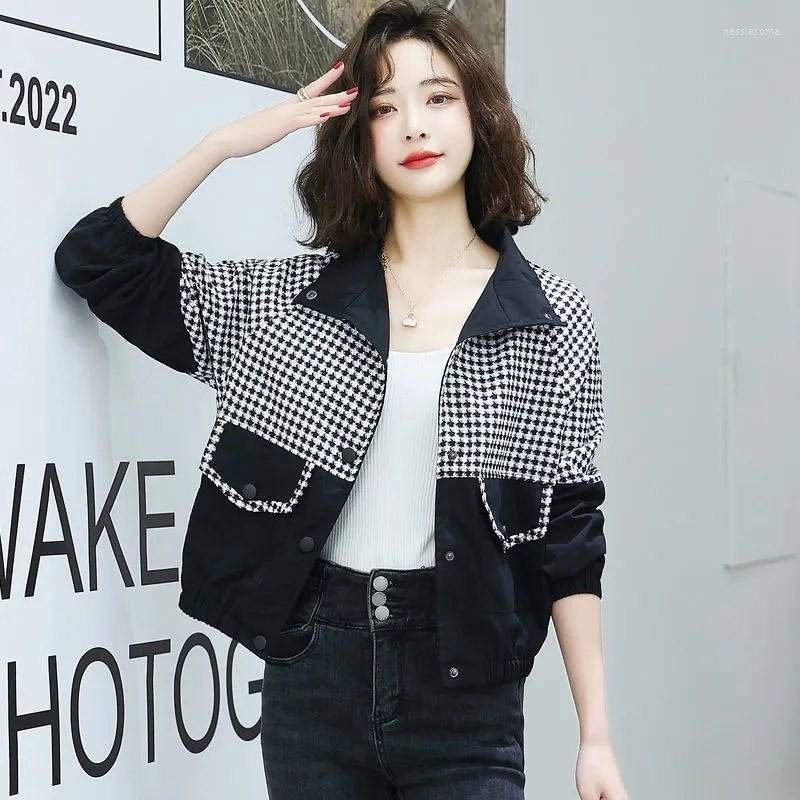 

Women' Jackets Women' Spring Autumn Short Ladies Coats 2022 Houndstooth Color Matching Wild Pockets Button Casual Baseball Uniform, Black
