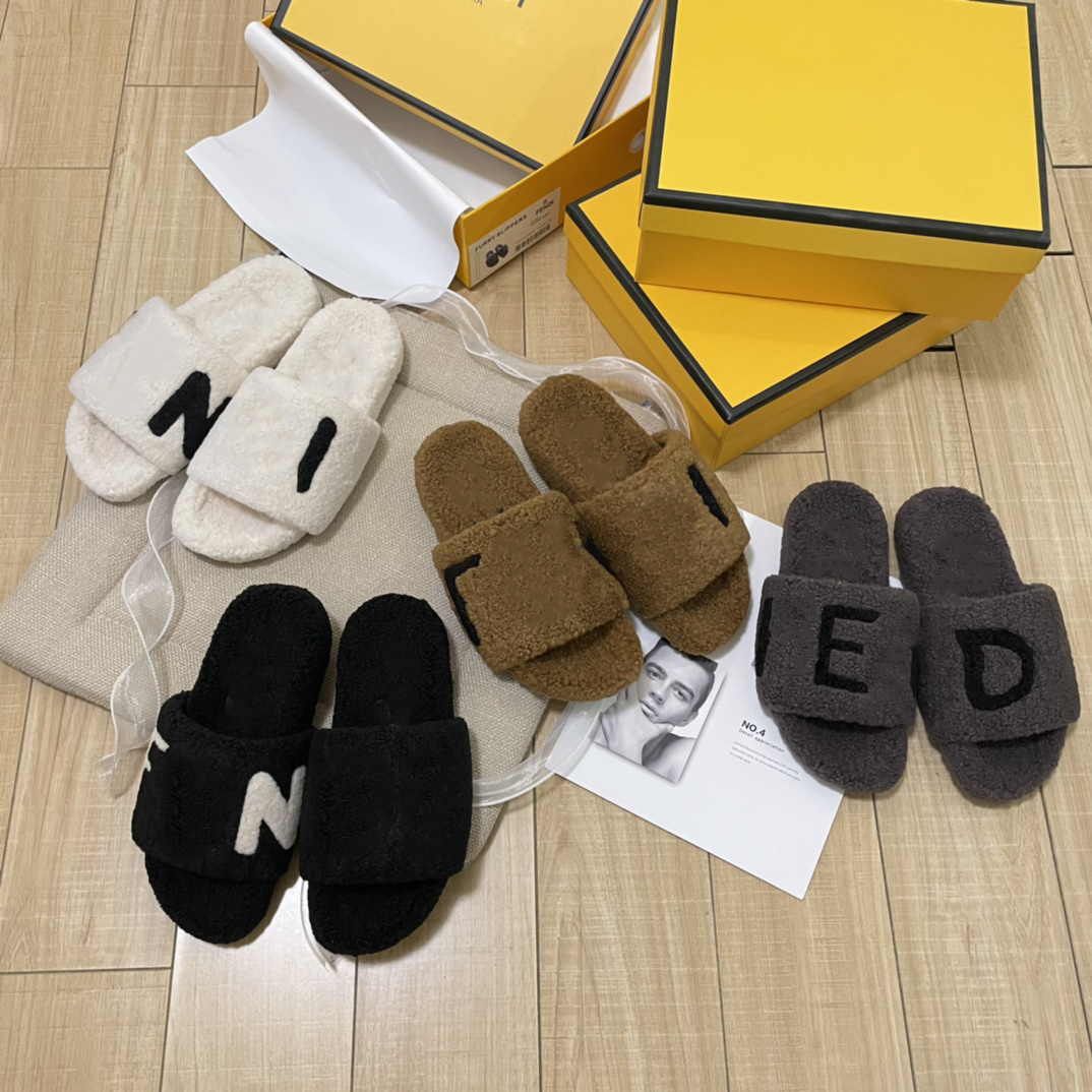Dames Laine Diapositives Sandales Fille Flip Flop Fourrure D'hiver Fluffy Furry Lettres Chaudes Confortable Fuzzy Inversé Triangulaire Feuille De