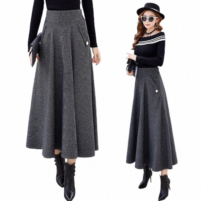 

Skirts winter Women Long Woolen Skirt Fashion High Waist Basic Wool Skirts Female Casual Thick Warm Elastic A-Line Maxi Z7 c4yh#, Coffee