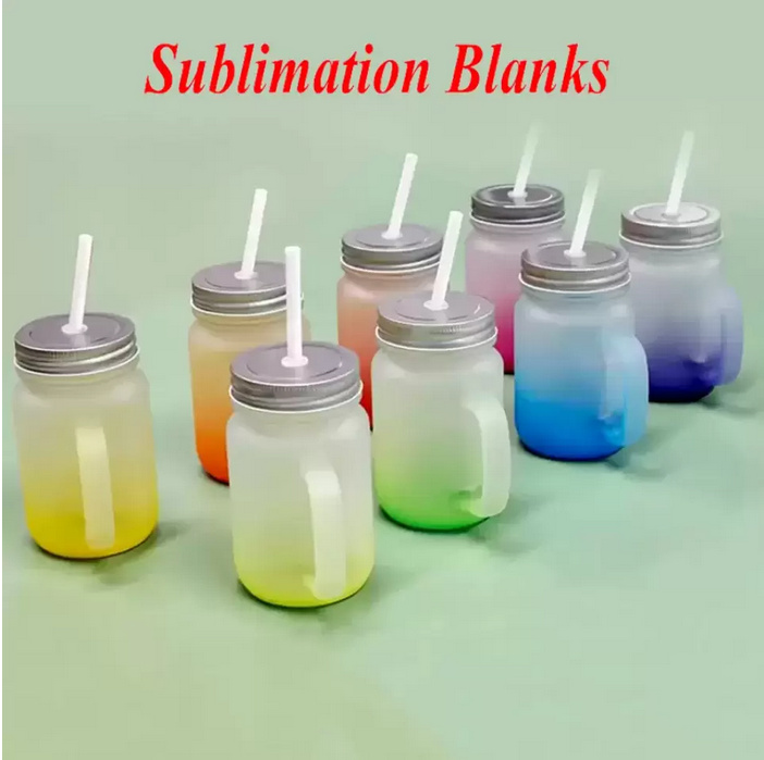 

Sublimation Tumblers Glass Mason Jar with Handle Gradient Glasses Thermal Transfer Water Bottle Colorful Sublimated Cups 450ml, Customize