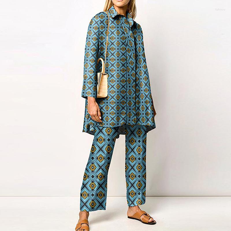 

Women' Two Piece Pants Summer Fashion Casual Women Suit 2022 Printed Loose Long Sleeves Shirts Straight Suits Lady Holiday Style Set, Light blue