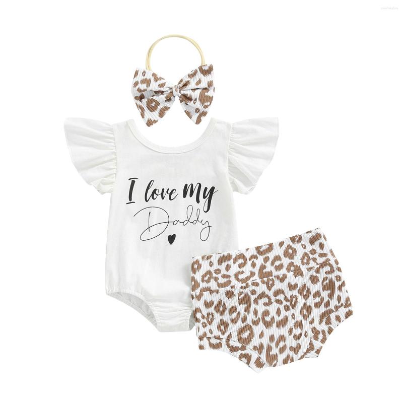 

Clothing Sets Infant Baby Girl's Three Pieces Clothes Outfit Flying Sleeve Letter Printed Romper Leopard Shorts Headband, Picture shown
