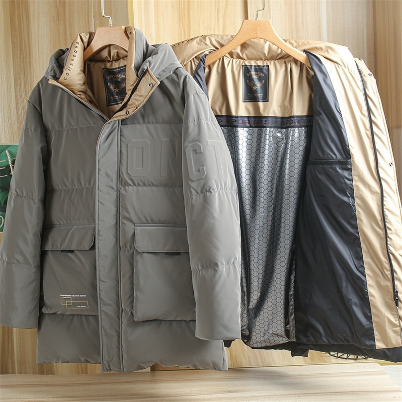Mens Down Parkas Premium Mens Hooded Down Jacket Mid Length Windproof Waterproof 90% White Duck Down Winter Jacket 220902