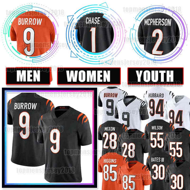 

9 Joe Burrow Football Jersey 1 Ja'Marr Chase 28 Mixon Evan McPherson Tee Higgins Sam Hubbard Logan Wilson Jessie Bates III Tyler Boyd Dax Daxton Hill Chidobe Awuzie Bell, Mens {s-xxxl}