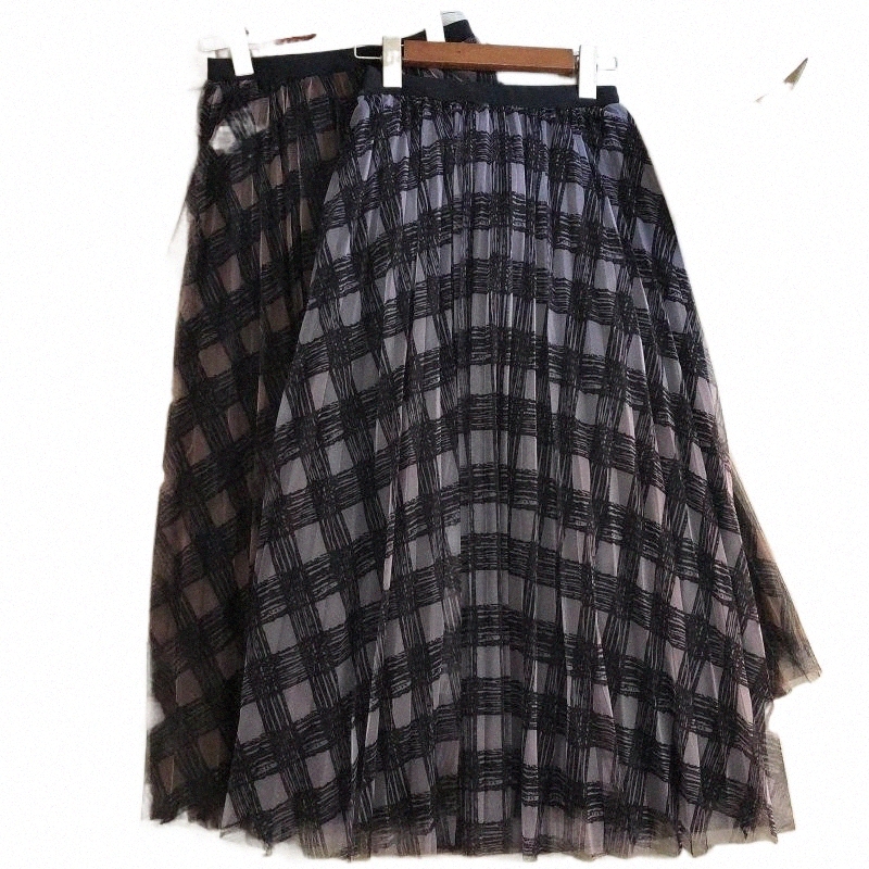 Skirts skirts 2022 Women Spring Summer Midi Plaids Printing Mesh Pleated Checked A-line Tulle Skirt Long Empire z8Ie#-image-797943298