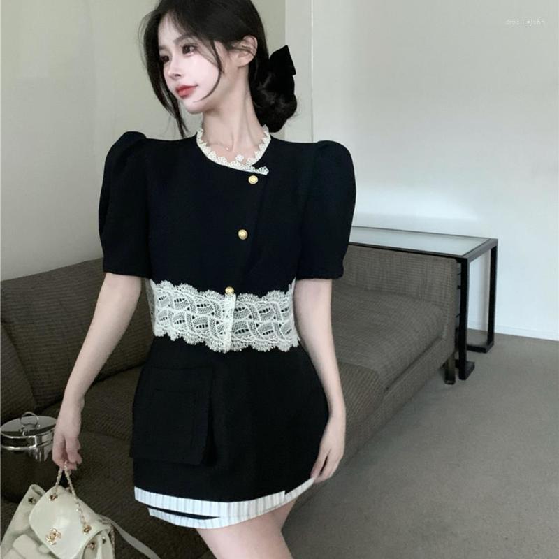 

Work Dresses Vintage Black Sets Ladies Short Jacket Skirt Suits Summer Design Niche Lace Stitching Short-sleeved Womens Two Peice, 2 piece
