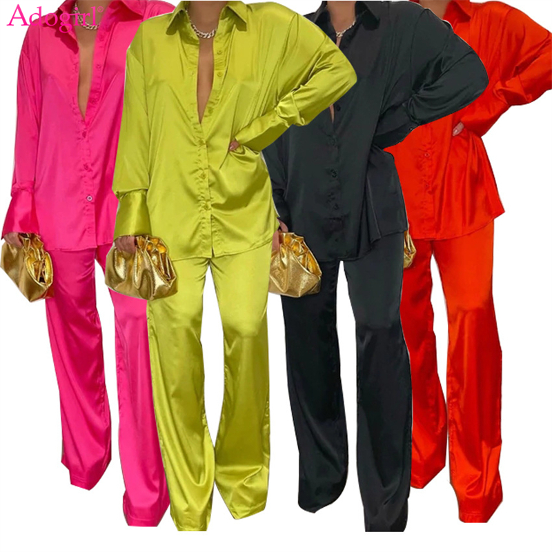 Pantalon deux pièces pour femmes Adogirl ensemble en Satin solide femmes décontracté costume ample simple boutonnage col rabattu à manches longue