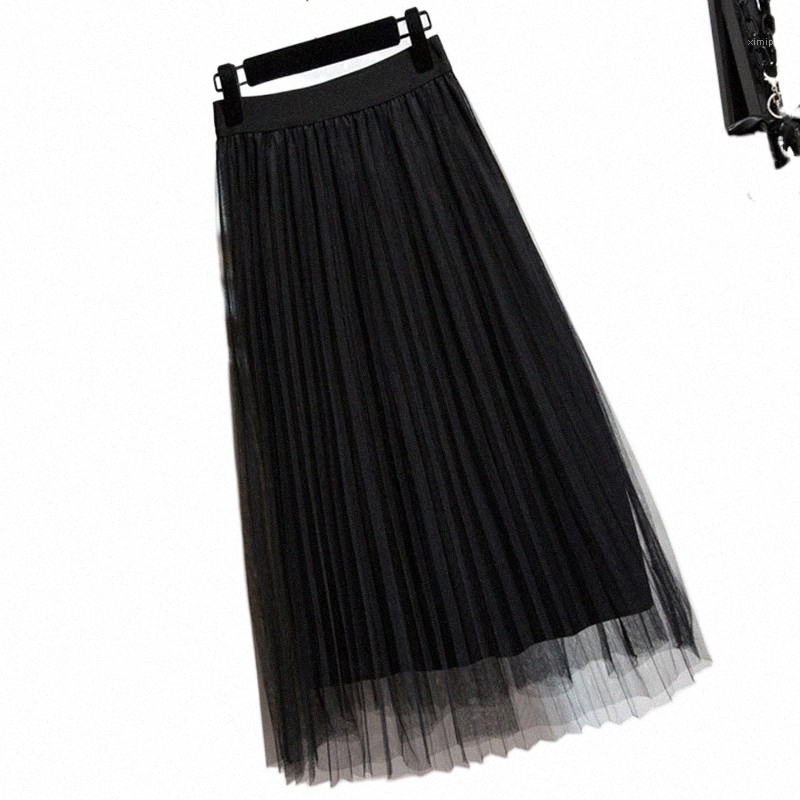 Skirts women's Tulle Plain Pleated Fashion Black Beige White Pink Grey Mesh Midi Skirt High Waist Woman Skirts 3 Layers G2HK#-image-797932236